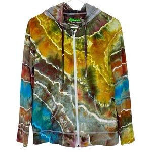 Handmade Geode Tie Dye Hoodie Jacket Womens Size Small Pockets Gold Gray Blue